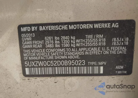 2013 BMW X5 xDrive35D z USA, uszkodzony, nr VIN 5UXZW0C52D0B95023